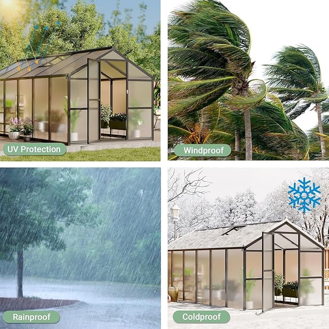Greenhouse, 6x8 Ft Outdoor Greenhouses, Accessible Green House with Roof Vents and Sliding Doors, Aluminum Frame Polycarbonate Greenhouses, Large Greenhouse for Outdoor Gardens and Backyards, Green