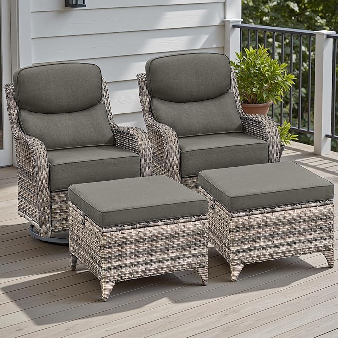 Rilyson Wicker Outdoor Patio Furniture Set - 4 Piece Patio Conversation Set with Swivel Rocker Chairs and Ottomans, 6 inch Cushions, High Back, Deep Seating, for Porch Deck Garden Mixed Grey/Grey