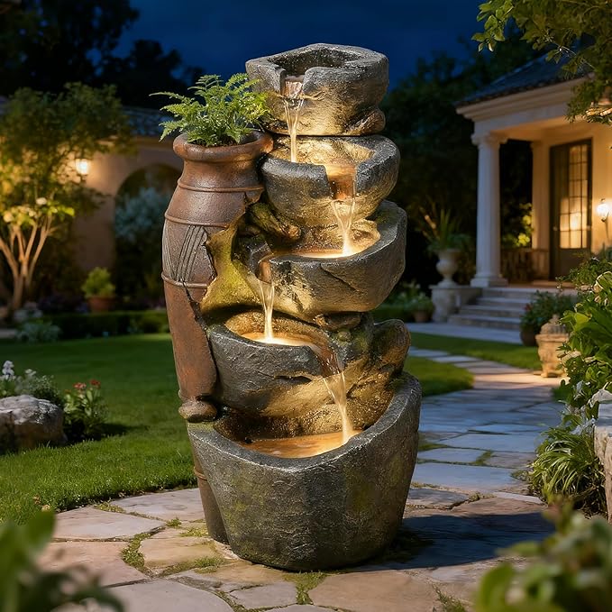 5-Tiers Cascading Rock Jar Water Fountain Outdoor, 31.7" H Outside Fountains and Waterfalls with 4 LED Lights for Patio, Deck, Porch, Backyard and Home Art Docor