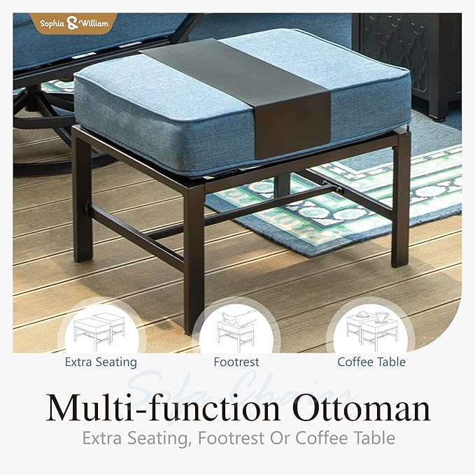 Sophia & William Patio Furniture Sets for 9 with 45" Gas Fire Pit Table Outdoor Conversation Sets 8 Pcs, 2xSofa Chairs, 2xSwivel Cushion Chairs, 1x3-Seat Sofa, 2xOttomans for Porch Poolside Navy