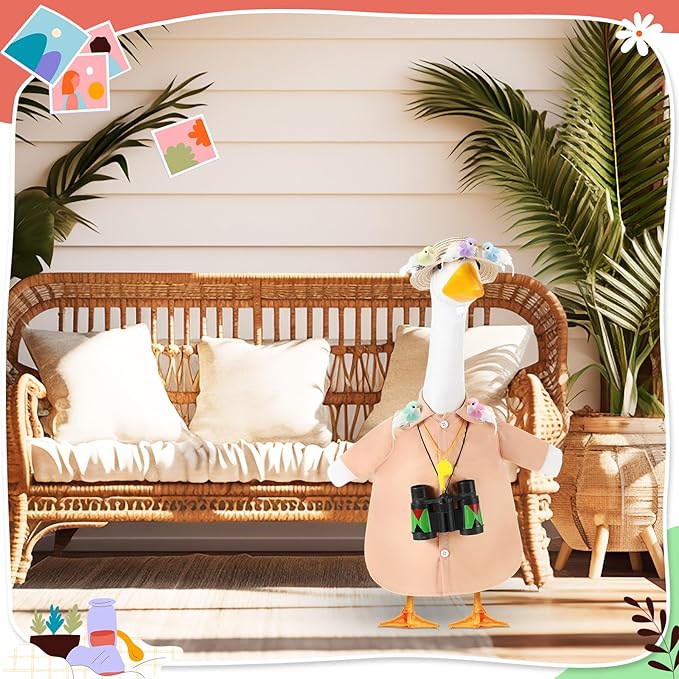 9 Pcs Bird Watcher Goose Outfits Hiking Costume Clothing T-shirt Straw Hat Binoculars Birds Whistle for 23'' Cement Porch Goose Summer Outdoor Garden Yard Lawn Patio Statue Art