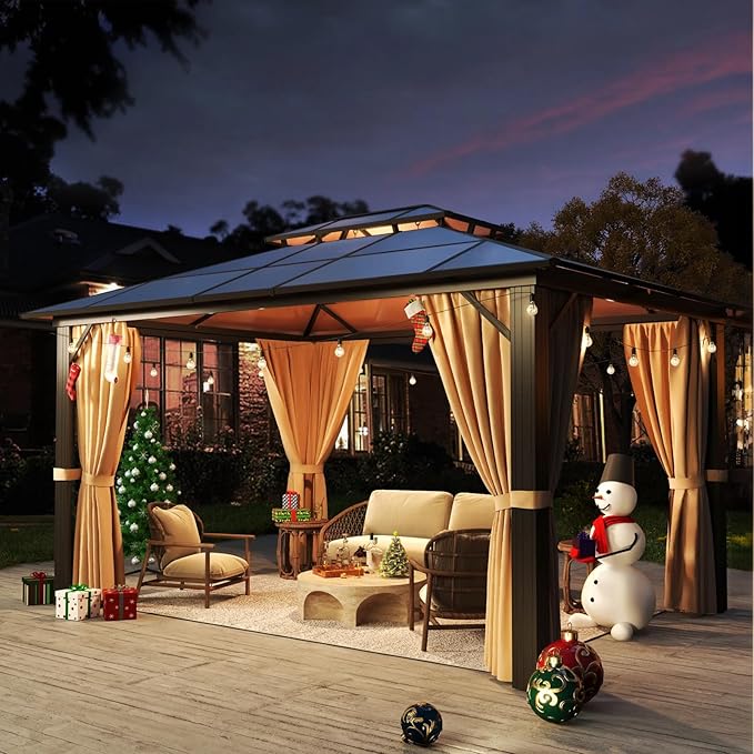 Hardtop Gazebo, 10FTx12FT Polycarbonate Double Top Canopy, Aluminum Frame Permanent Pavilion with Curtains and Netting, for Lawns, Patios, Gardens