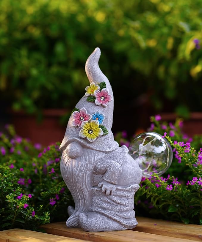 Funny Garden Gnome Statue with Lights, Outdoor Sculpture Decor for Home Yard Lawn Porch Balcony Patio,Gardening Gifts for Women Mom Grandma