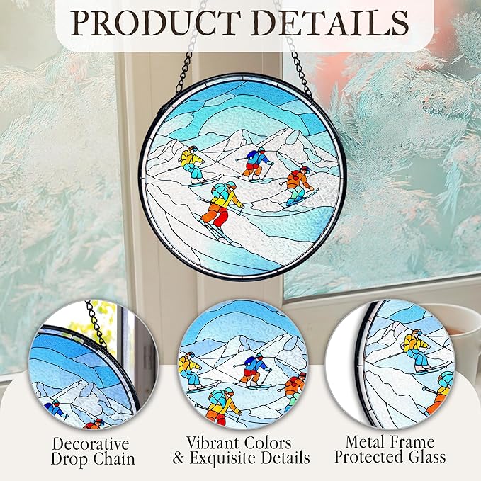 kdqua Winter Ski Suncatcher Stained Glass Window Hanging, Ski Lovers Gifts for Women Sun Catchers Indoor Window Glass Round Wall Decor, Winter Skiing Wall Art Hanging Decorations Statues, 7.9x7.9in