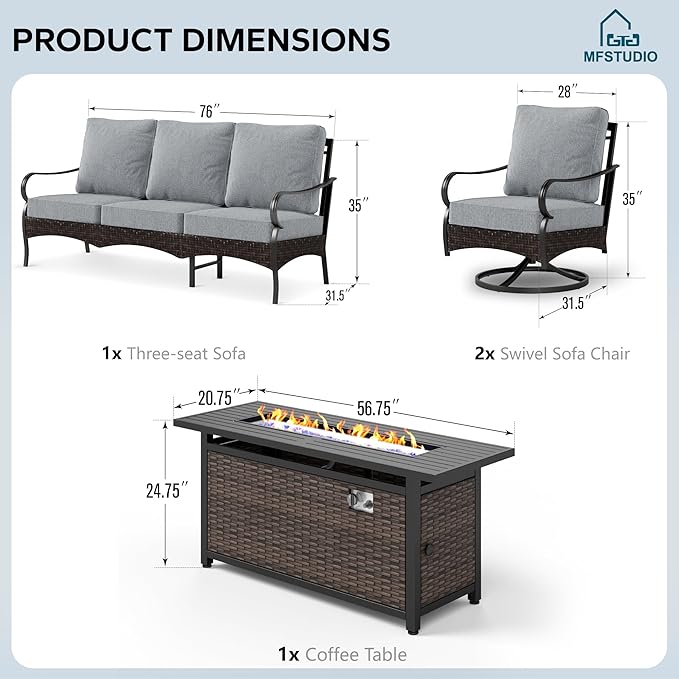 MFSTUDIO 4 Pieces Outdoor Patio Furniture Set, Metal Outdoor Conversation Set, Rattan Wicker Patio Sectional Set with 2 x Swivel Single Sofa, 3-Seat Sofa, 1 x Fire Pit Table, Grey