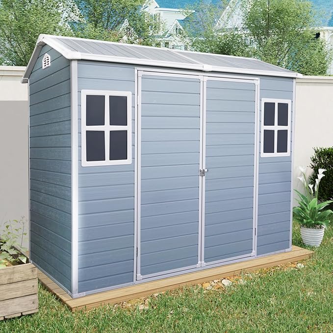 8x4ft Outdoor Storage Shed with Two-Window and Lockable Door, Resin Plastic Shed with Floor for Gargen, Patio, Yard, Lawn, Light Grey