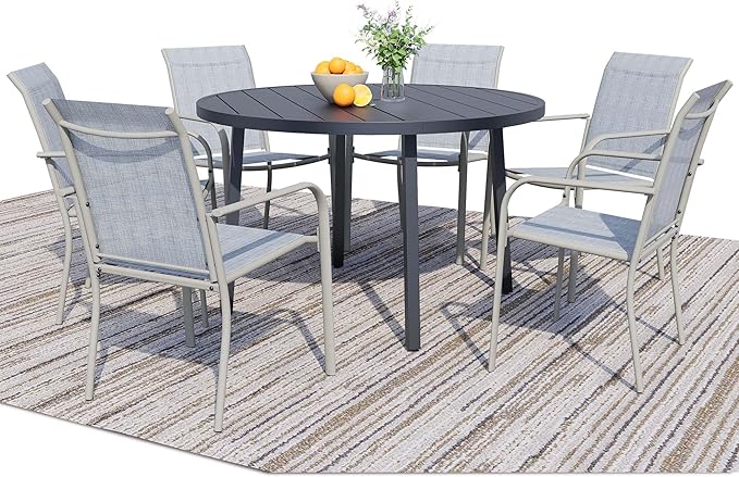 7 Pieces Round Dining Table Set for 6, Patio Dining Set Includes 6 Beige Blue Stackable Patio Chairs and 1 Black Round Table Set of 6, Patio Furniture Sets with Sling Support for Outside, Garden