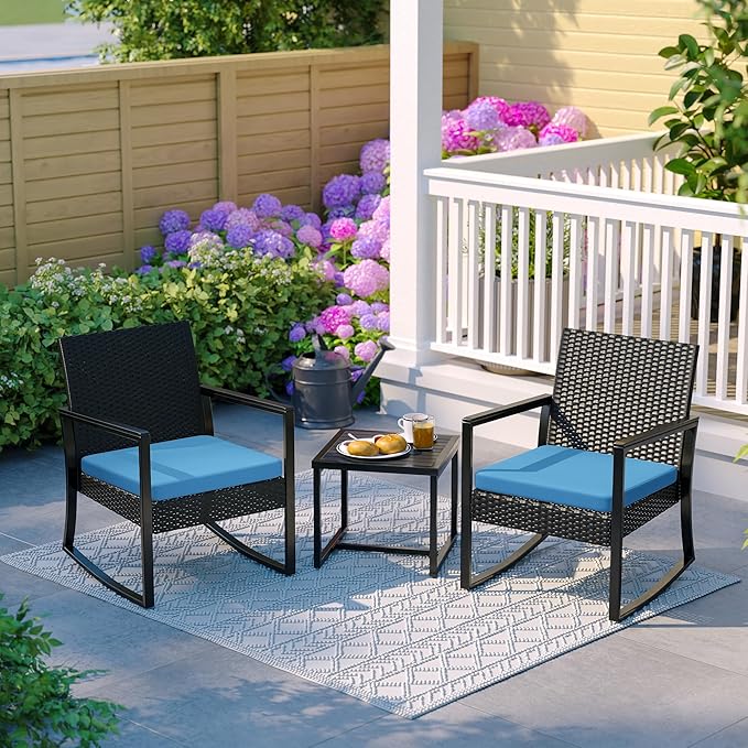 3 Pieces Outdoor Patio Set -Wicker Rattan Chair Conversation Set with Glass Table for Poolside Yard Rocking Chair Set for Bistro Garden Front Porch All Weather Patio Furniture Set