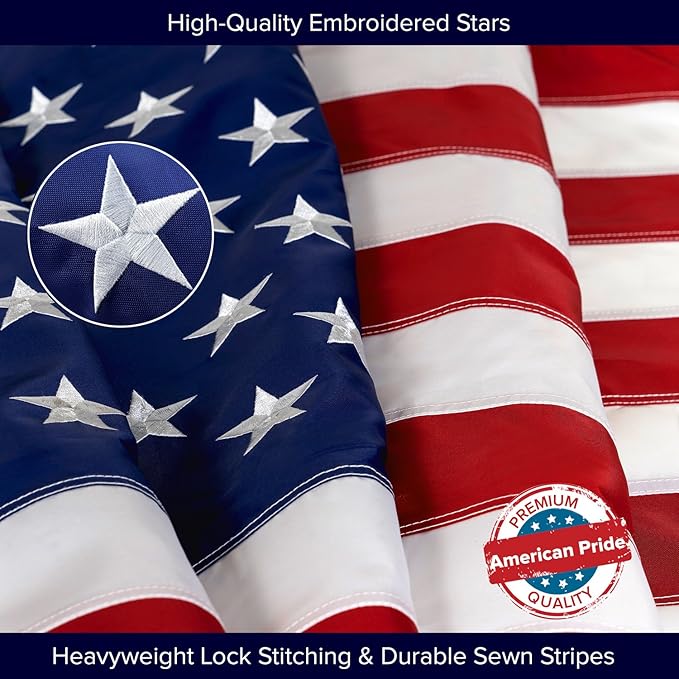 American Flag 2x3’ | Embroidered Stars & Sewn Stripes | Heavy Duty U.S. Flag | Durable 210D Oxford Nylon for High Winds | Quadruple Stitched Fly End Brass Grommets | Patriotic Decor