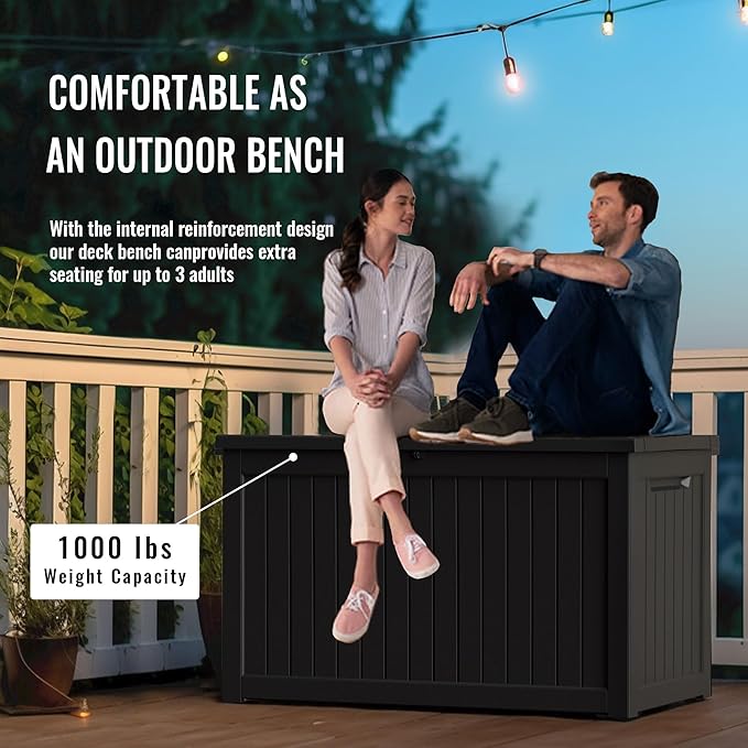 DRATO 280 Gallon Deck Box, Outdoor Large Waterproof Resin Storage Box with Lockable Lid for Patio Cushions, Gardening Tools, Black