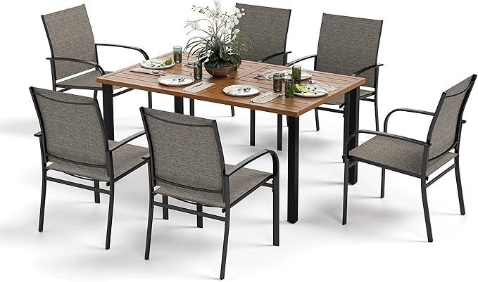 Patio Table and Chairs Set, Outdoor Dining Set for 6 with Brown Chairs and Teak Color Tabletop Outdoor Dining Table, 7-Piece Patio Furniture Set for Deck Backyard Lawn