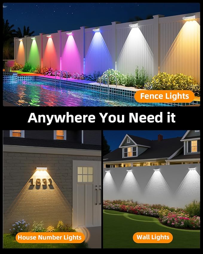 Solar Fence Lights Outdoor, 8 Pack, 9 Fixed Colors & Color Changing LED Light Solar Powered Waterproof IP65 Dusk-to-Dawn Vinyl Fence Lights for Patio, Railing, Pool, Porch, Backyard, Wall