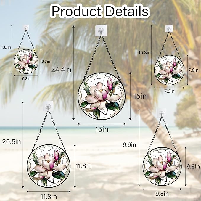 Stained Glass Window Hanging - Pink Magnolia Flower Petal Suncatcher for Doors Window Home Sun Catchers Decor Christmas Mother's Day Birthday Gifts for Teacher Women Men Mom Nana 14.9 in