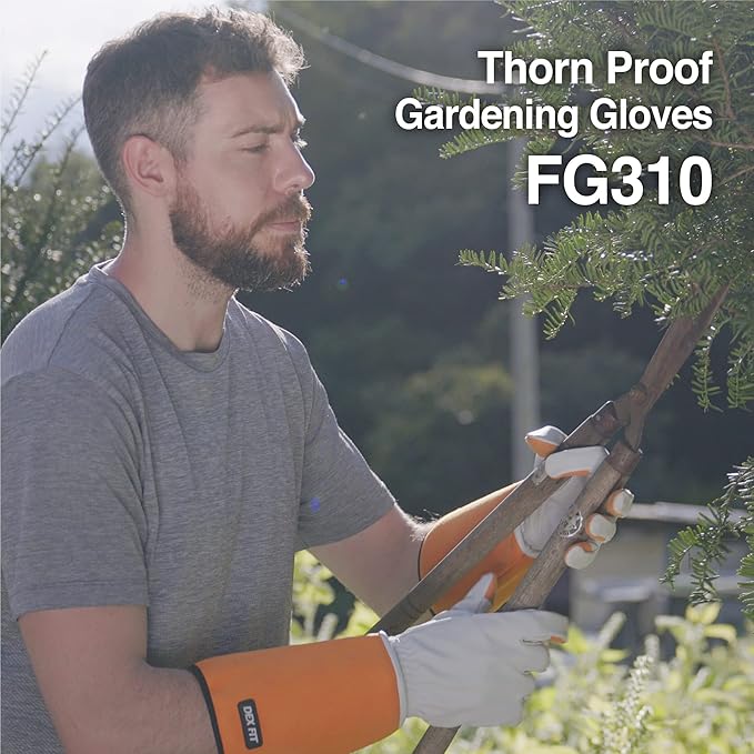 DEX FIT FG310 Gardening Gloves for Women & Men, Long Thorn Proof Leather Sleeves Protection, Comfortable, Durable for Cactus, Rose Bush Pruning and Garden and Yard Work; Orange L (9) 1 Pair