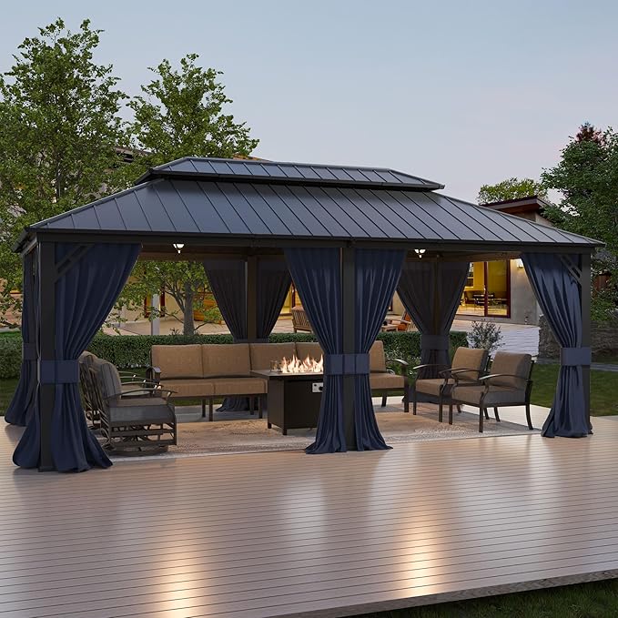 12'x20' Hardtop Gazebo,Double Roof, Outdoor Galvanized Steel Metal Gazebo with Curtains and Netting for Patios, Gardens, Lawns, NavyBlue