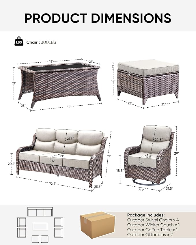 HUMMUH 8 Pieces Wicker Patio Furniture Set with Patio Swivel Chairs Set of 4,High Back Outdoor Sofa Coffee Table Ottomans,6 Inch Thick Cushions Outdoor Conversation Set for Porch, Balcony, Deck