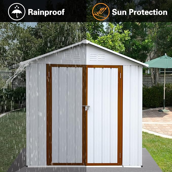 Favfurish 4x6 FT Outdoor Metal Storage Sheds with Apex Roof,Single-Storey Waterproof Roofed Structure Garden Shed w/Lockable Doors,for Lawn Equipment Tool Sundries,White+Yellow
