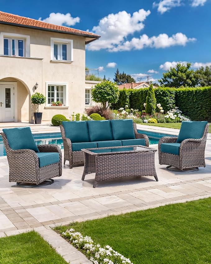 Luxury 22x24/22x25 6-Inch Outdoor Chair Cushions Set of 4 - Heavy Duty Water-Resistant Comfortable Cushion for Patio Furniture Set Dining Rocking Chairs Loveseat L-Shape Sofa - Peacock Blue