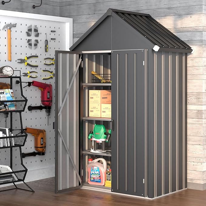 AECOJOY Outdoor Storage Cabinet Waterproof, Vertical Tall Sheds Cabinet with Shelves and Double Door, Garden Tool Sheds & Outdoor Storage Cabinet Weatherproof for Backyard, Patio, Lawn, Dark Gray