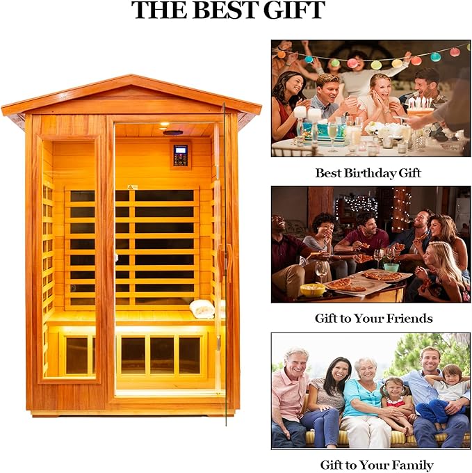 Outdoor Sauna 2 Person Infrared Sauna Far Infrared Saunas for Home 0-5 mg Low EMF Home Sauna Spa Mahogany Wood Sauna Room with Bluetooth Speakers, LED Reading Lamps, Chromotherapy Lights