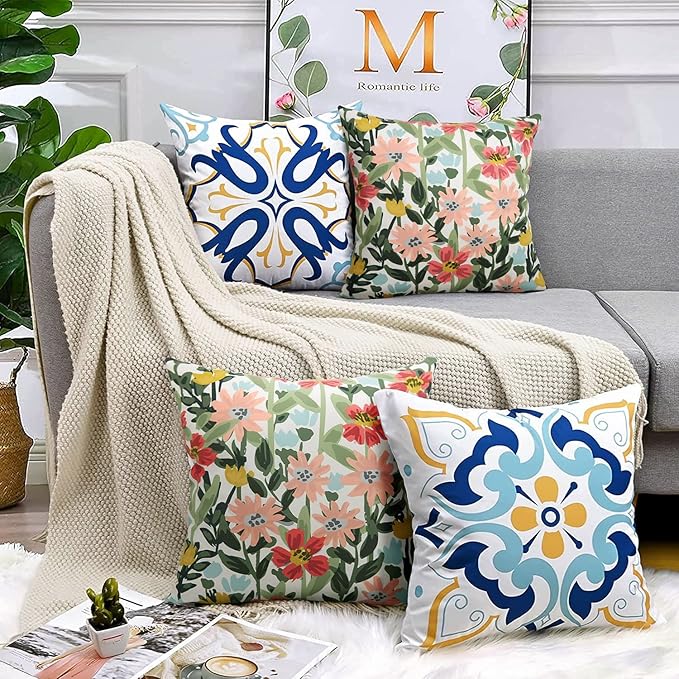 Pyonic Outdoor Pillows Cover Pack of 2 Floral Waterproof Throw Pillow Covers 18X18 inch Outdoor Pillows for Patio Furniture Garden Square Outside Waterproof Pillow