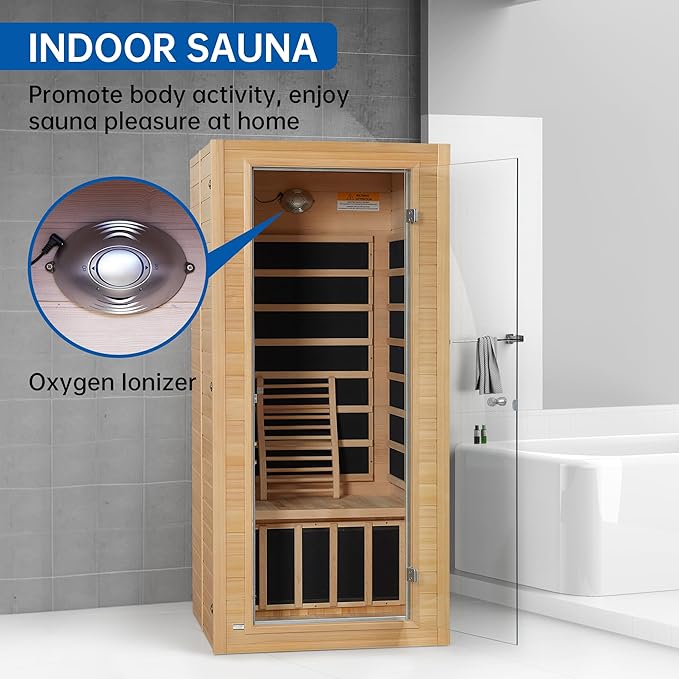 Infrared Sauna Room for Home, Near Zero EMF Wooden 1 Person Indoor Home Sauna with Bluetooth, LCD Control Panel, Chromo Therapy Light