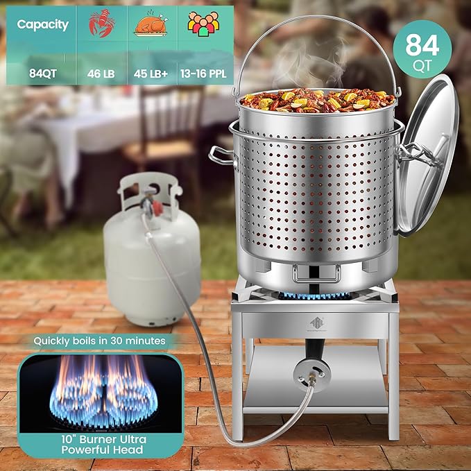 ARC 84QT Stainless Steel Pot with 200,000 BTU Propane Burner - Seafood Boil Pot, Crab Boil Pot, Lobster Pot, Shrimp Boil Pot, Tamale Steamer Pot with Basket and Turkey Fryer Burner