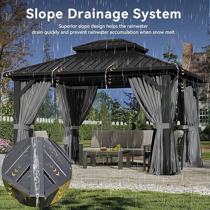 Aoxun 12'x10' Hardtop Gazebo with Light, Aluminum Frame Permanent Pavilion with Curtains and Netting, Outdoor Galvanized Double Roof Canopy, Designed for Garden, Lawns, Patio