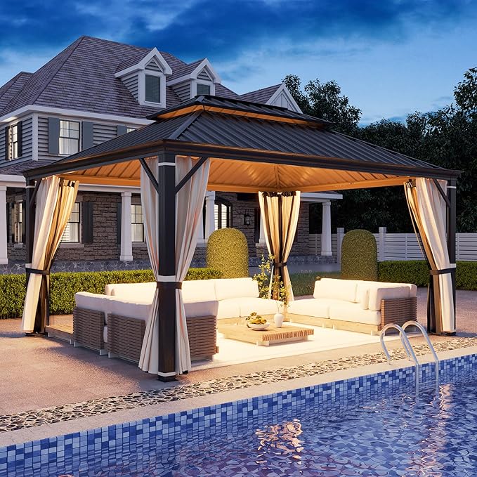 YOLENY 12' x 16' Gazebo, Galvanized Steel Double Roof Hardtop Gazebo with Aluminum Frame, Permanent Outdoor Metal Pavilion with Curtain and Netting for Patio, Lawn and Garden