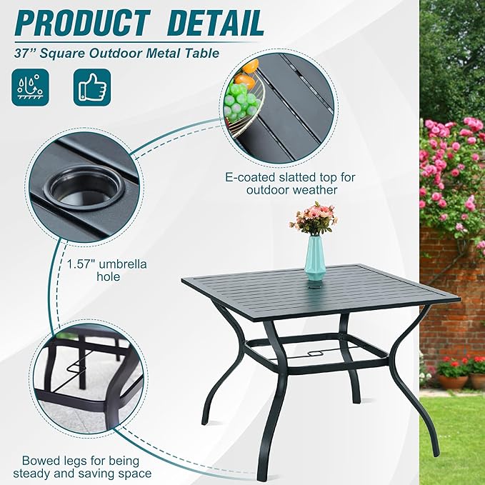 PHI VILLA 5 Pieces Patio Dining Set for 4 with 10ft Patio Umbrella, Metal Outdoor Stackable Wrought Iron Chair Set of 4 & 37" Metal Dining Table,3 Tier Vented Market Table Beige Umbrella