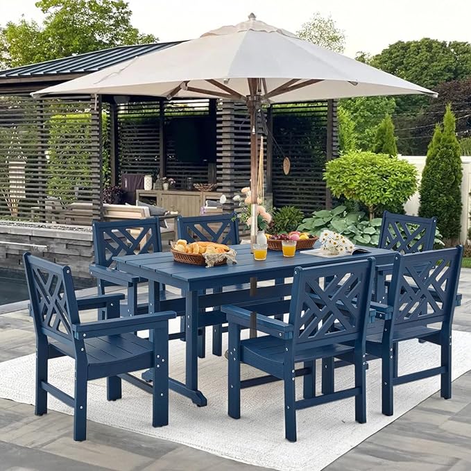 7 Piece HDPE Outdoor Dining Set for 6, Patio DHPE Furniture Set with Umberlla Hole, Weather Resistent Outdoor Table and Chairs for Garden, Poolside, Backyard, Deck, Blue