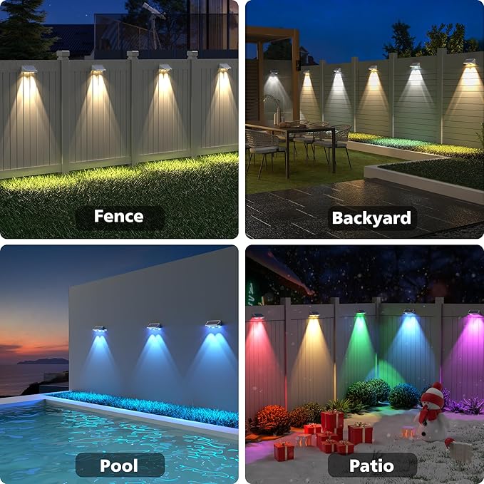 APONUO Solar Fence Lights, IP64 Waterproof, Fence Lights Solar Powered 9 Lighting Color Modes RGB Color Glow LED, Fences Solar Light Outdoor for Backyard, Yard, Wall, Deck, Patio, 12 Pack, White