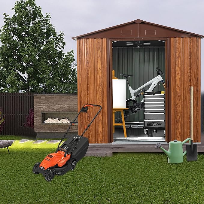 6x6 ft Outdoor Metal Storage Shed with Floor Foundation and Window, Lockable Galvanized Steel Tool Shed with Sliding Door and Air Vent, Waterproof Garden Storage House for Backyard, Patio