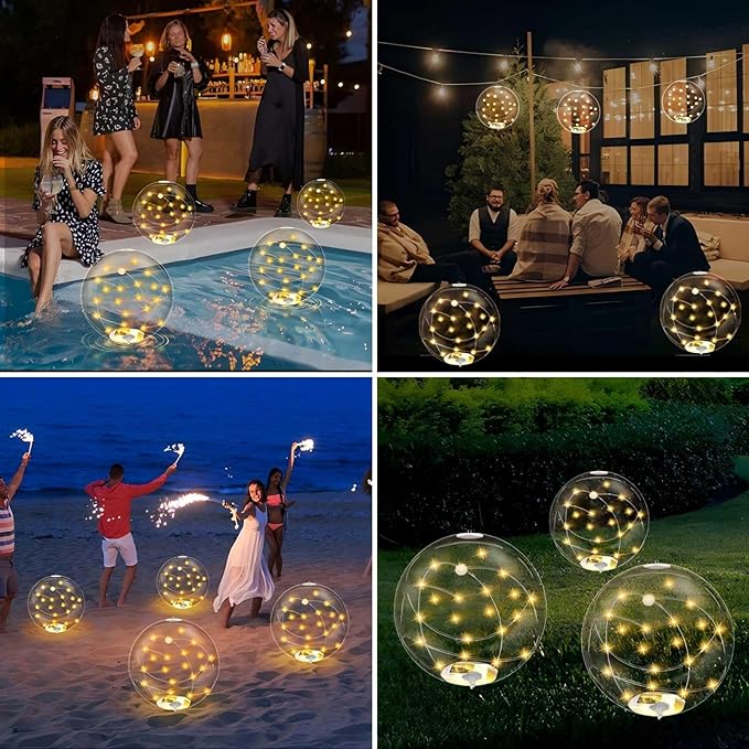 4 Pack Solar Floating Pool Lights, 14 Inch 3000K Warm White Inflatable LED Pool Balls with Remote, IP68 Waterproof Pool Lights That Float for Swimming Pool Party Yard Outdoor Decor