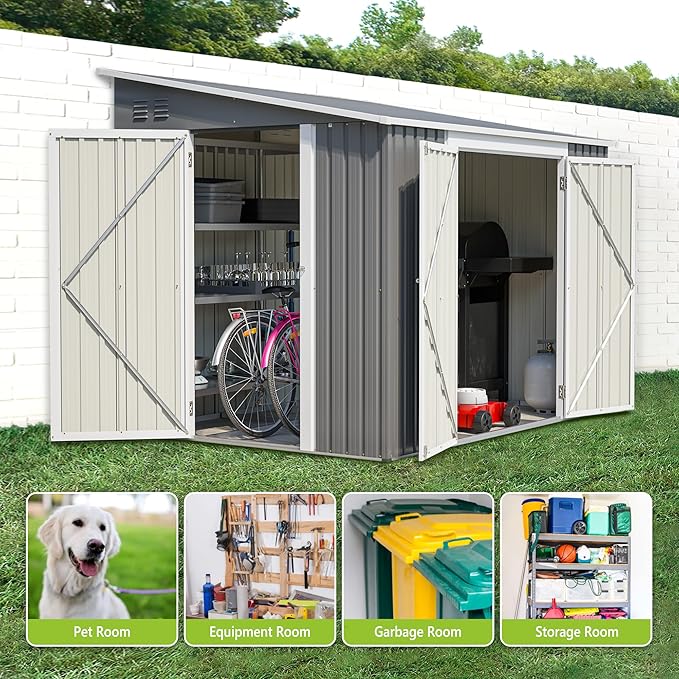 6x8FT Lean to Sheds Metal Outdoor Storage Shed with Floor Frame,Large Tool&Lawn Mower Shed with Two Lockable Doors for Garden Backyard Patio Storage,Outside Waterproof Storage Shed