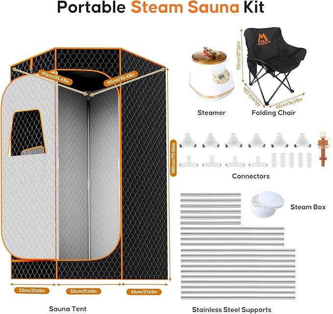 Portable Sauna for Home, Extra Large Sauna Box, Thickened 600D Thermal Sauna Tent, 3L 1500W Steamer, 9 Levels Heat, 99 Mins Timer, 450LBS Folding Chair, Black