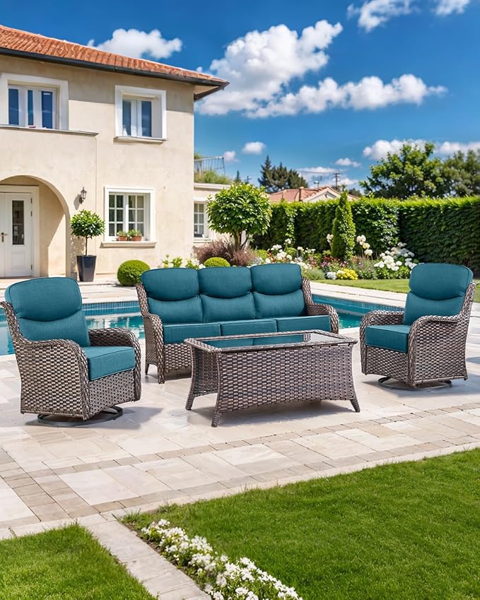 Luxury 22x24/22x25 6-Inch Smile Outdoor Sofa Cushions Set of 3 - Comfy Deep Seat Patio Furniture Cushions for Wicker Dining Chair Loveseat 3-Seater L-Shape Sectional Sofa - Peacock Blue