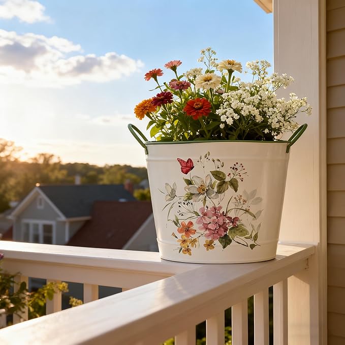 Set of 3 Vintage Floral Butterfly Metal Planter Pots, Decorative Flower Buckets with Handles, Rustic Farmhouse Plant Containers for Indoor Outdoor Gardening, Succulents, Herbs, Home Decor