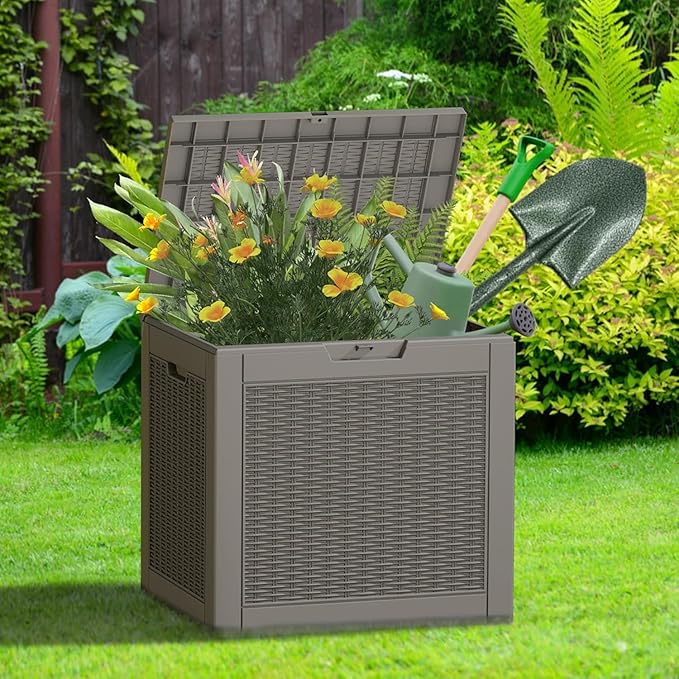 Outdoor Storage Box, 31 Gallon Deck Box, Large Resin Storage Cabinet for Gardening Tools, Patio Pillow, Lockable, Waterproof and UV Resistant
