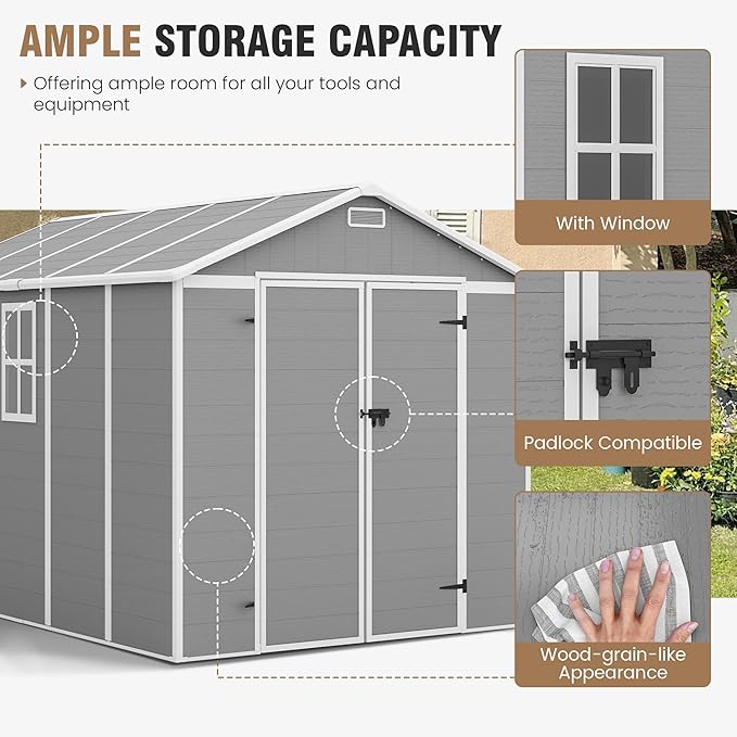 Amopatio 10x8 FT Storage Shed, Resin Outdoor Shed with Floor Included, Plastic Sheds Outdoor Storage for Bike, Garden Tools, Sheds & Outdoor Storage with Lockable Door, Window & Vents, Grey & White