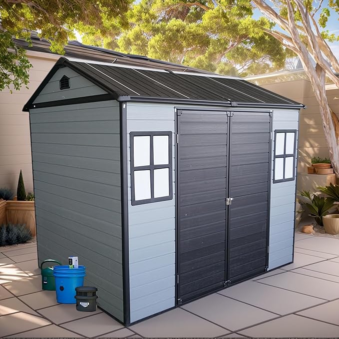 LANTRO JS Outdoor Storage Shed, 8x6FT Plastic Storage Shed with 2 Windows and Lockable Door for Garden Tools, Bike, Lawnmower, Grey and Black