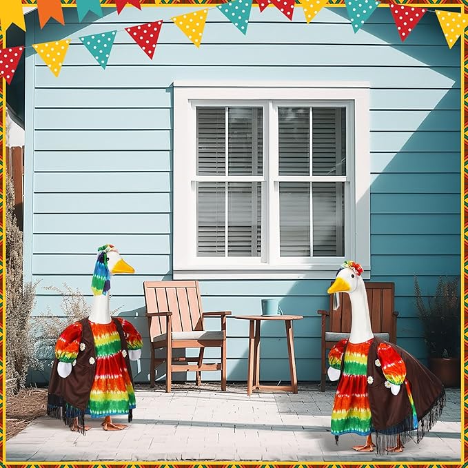 Suzile Hippie Goose Outfit Tie Dye Party Decoration Dresses Clothes for 23" High Cement or Plastic Porch Goose Costume for Holiday Yard Lawn Outdoor Garden Patio Groovy Party Rainbow Pride Statue