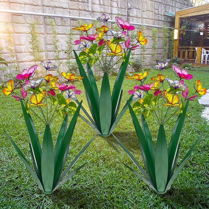 TOMBABY Garden Outdoor Butterfly Enlarge Thickened Wind Resistant Metal Agave Garden Art Metal Plant Country Sculpture Statue Decorations Ornaments Artificial Waterproof Butterflies(Green 3pcs)