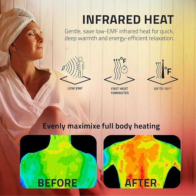SteamSpa 1-2 Person Low EMF Carbon FAR Infrared Hemlock Wood and Tempered Glass Indoor Home Sauna Room with Redlight Heating Tube, LED Touch Control Panel, Color LED Therapy Light, Bluetooth Speaker
