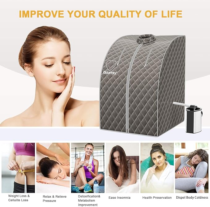 Giantex Portable Steam Sauna, Personal Therapeutic Sauna for Detox, Temperature & Timer Adjustable, 800W Sauna Box Spa w/Chair, 3L Steamer,Massage Roller,Mat,Remote Control, Home Sauna Tent (Gray)