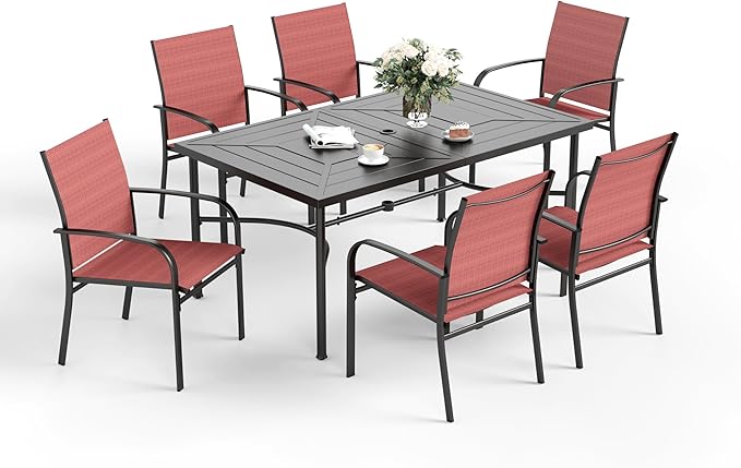 7 Pcs Patio Dining Set for 6, Rectangular Metal Dining Table with Umbrella Hole and 6 Chairs, Outdoor Table and Chairs Set for Lawn Garden Backyard and Deck, Red