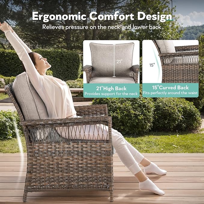4 Pieces Wicker Patio Furniture Set - Hollow Widen Armrests Comfy Outdoor Rattan Chairs with Ottomans, Small Patio Convention Set for Balcony Porch Deck and Yard - Brown/Beige