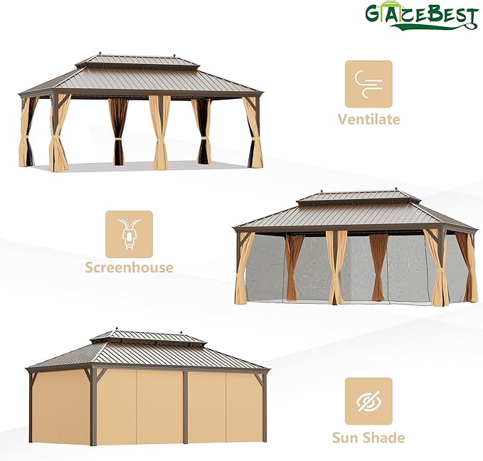 12'x24' Hardtop Gazebo Outdoor Aluminum Patio Gazebo Double Roof Galvanized Steel Canopy with Netting and Curtains for Garden, Backyard,Deck and Lawns