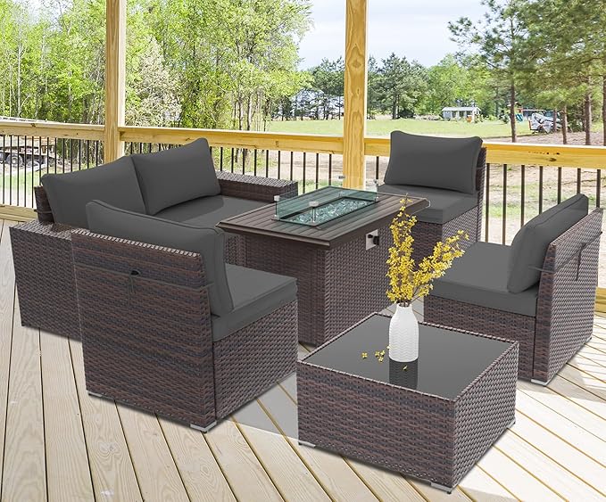 Outdoor Patio Furniture Set with Propane Fire Pit Table, 7 Pieces Outdoor Furniture Patio Sectional Sofa Conversation Sets w/ETL Approved 43" Gas Outdoor Fire Table & Coffee Table (Grey)