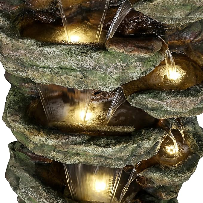 Naturefalls 59inches Outdoor Rock Water Fountain with LED Lights - Multi-Tiers Poly-Resin Cascading Waterfall Fountain for Garden, Patio, Yard, Home Decor
